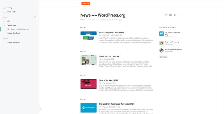 Le lecteur de flux RSS Feedly affichant le fil d'actualité de WordPress.org