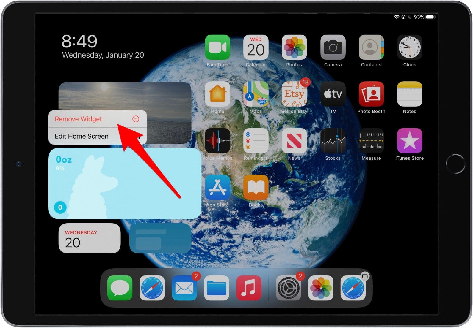 Appuyez sur Supprimer le widget pour supprimer le widget iPad