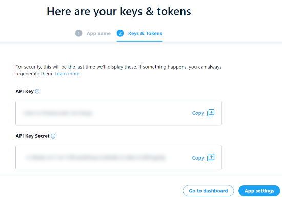 Copier la clé et le secret de l'API
