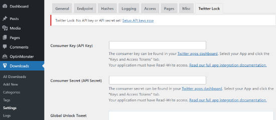 Entrez la clé API et le secret dans Download Monitor