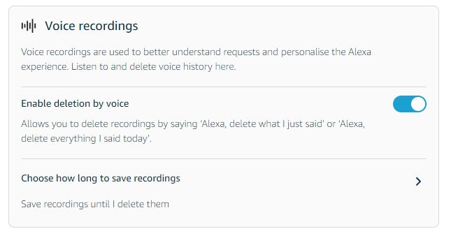 Alexa gère les paramètres d'enregistrement vocal