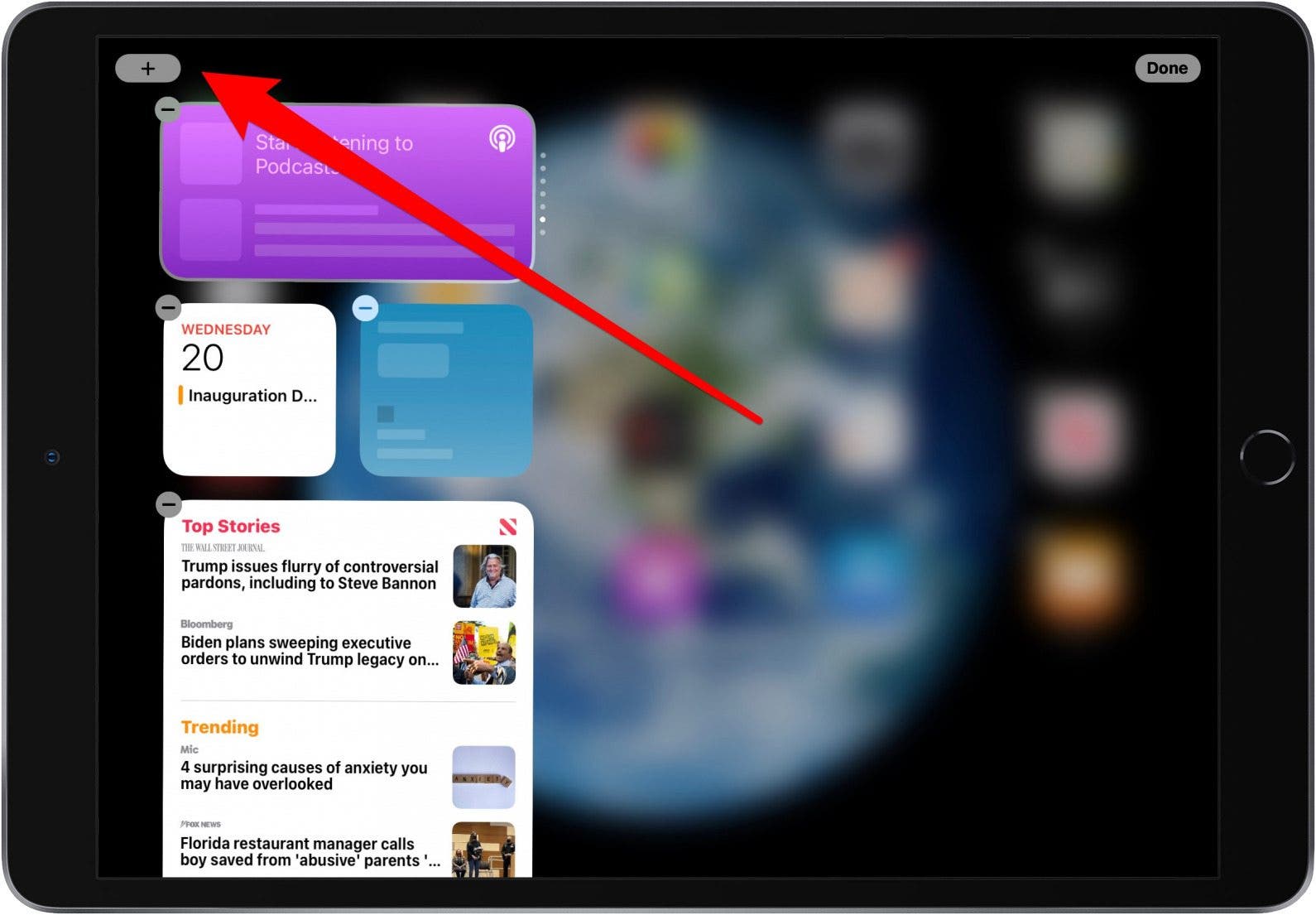 Appuyez sur l'icône grise plus pour ajouter un widget sur iPad