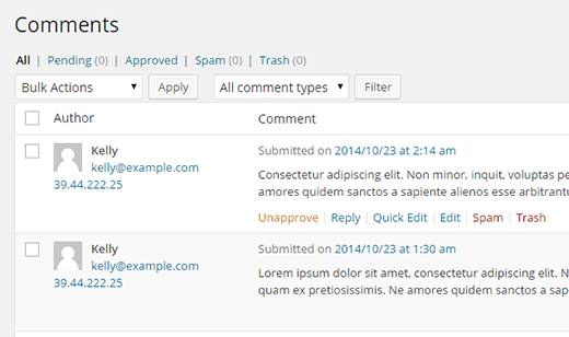 Écran de commentaires dans WordPress