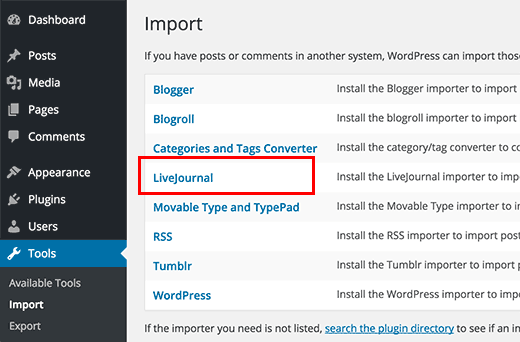 Outil d'importation LiveJournal dans WordPress