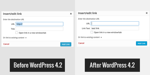 Dans WordPress 4.2, le champ Titre du lien est remplacé par le texte du lien