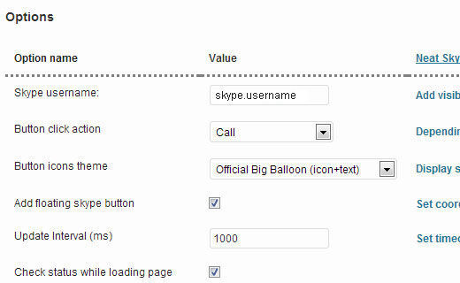 Options de configuration de Neat Skype Status
