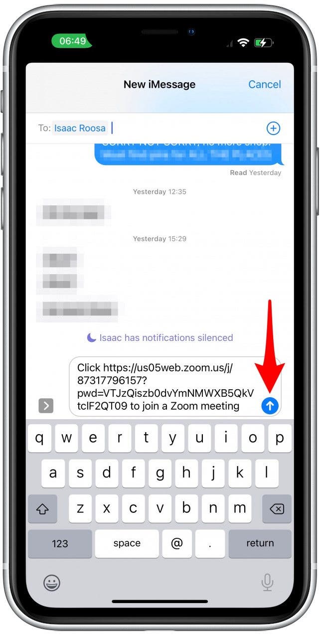 Cela ouvre l'application Messages - Zoom sur l'écran de partage de réunion