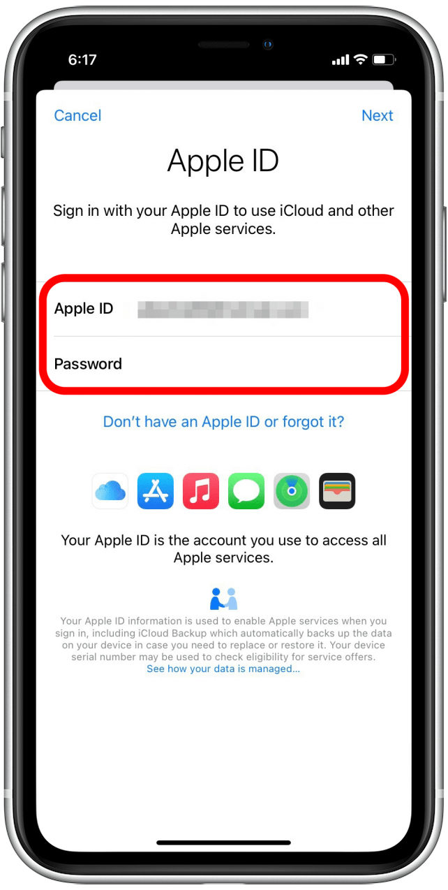 Entrez votre identifiant Apple et votre mot de passe
