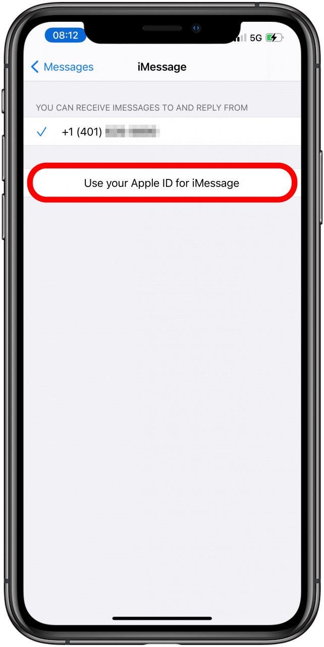 Appuyez sur Utiliser votre identifiant Apple pour iMessage.