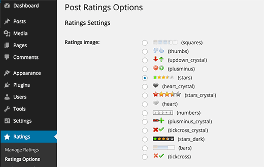 Page des paramètres WP Post Ratings