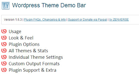 Page des paramètres du plugin WordPress de la barre de démonstration du thème