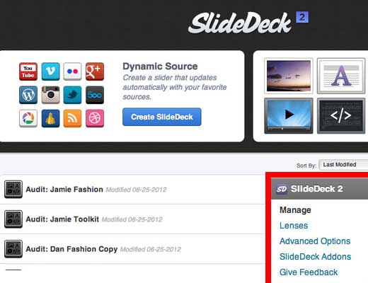 Petit écran de gestion SlideDeck