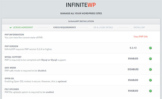 InfiniteWP vérifiera la configuration système requise avant l'installation