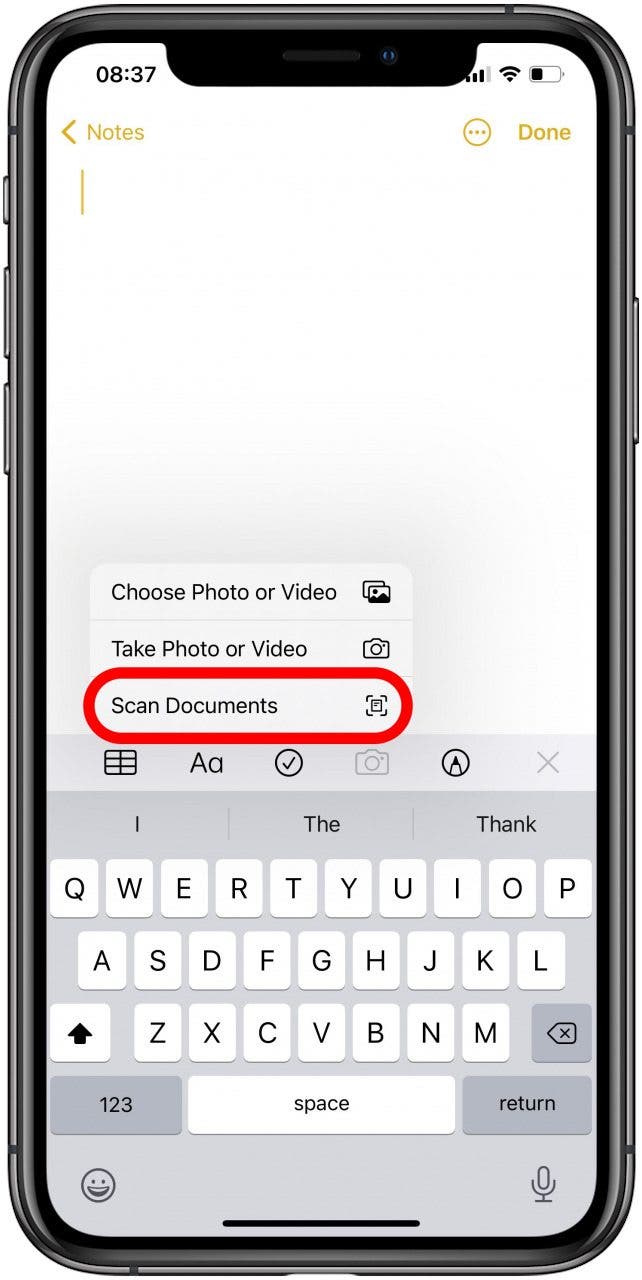 Sélectionnez numériser des documents pour numériser une photo dans l'application Notes