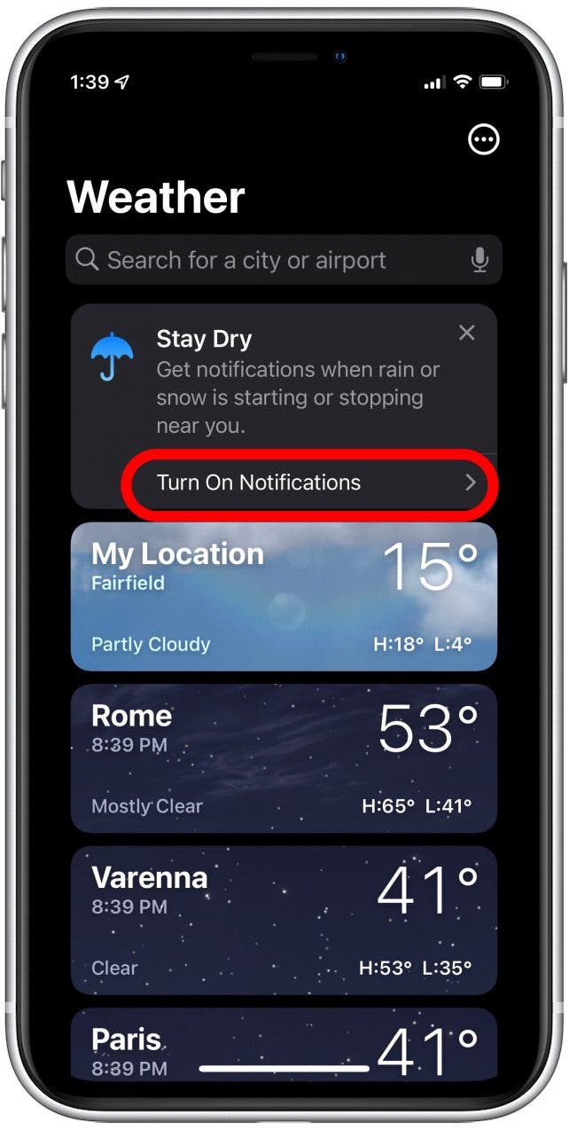 Appuyez sur Activer les notifications pour recevoir les alertes météorologiques de l'iPhone. 