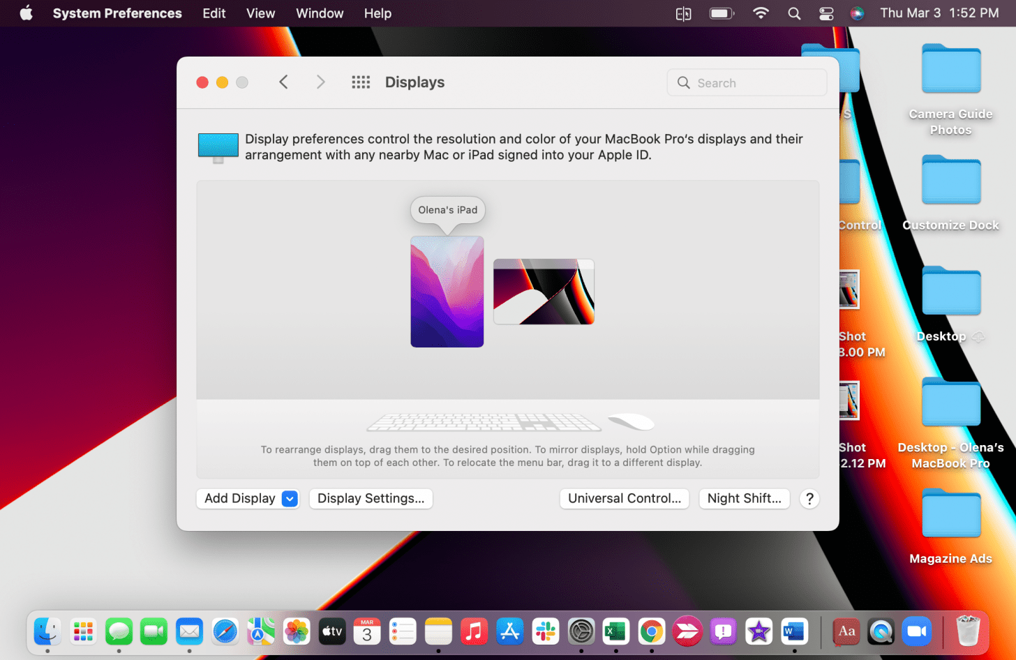Vous verrez les affichages de vos appareils contrôlés par rapport à l'affichage de votre Mac.