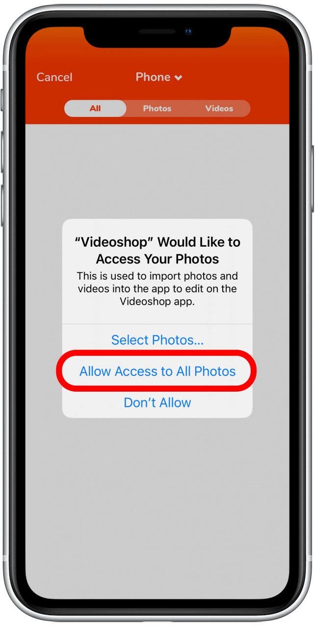 Appuyez sur Autoriser l'accès à toutes les photos.  Vous pouvez également donner à l'application l'accès à des photos/vidéos individuelles spécifiques si vous préférez.