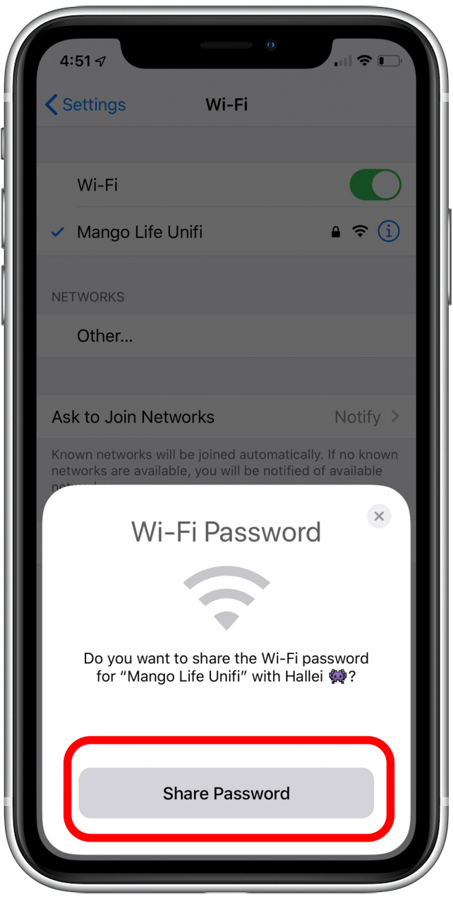 partager le mot de passe wifi