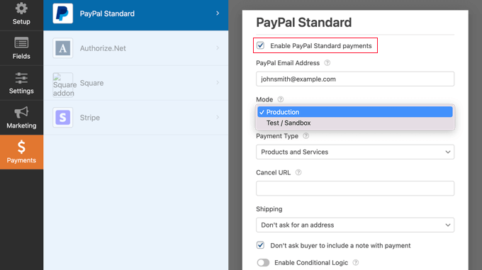 Cochez la case Activer les paiements standard PayPal
