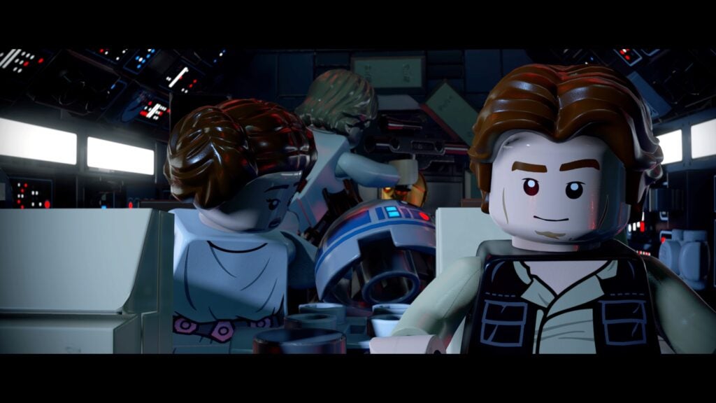Han Solo, la princesse Leia, R2D2 et Luke Skywalker à bord du Faucon Millenium