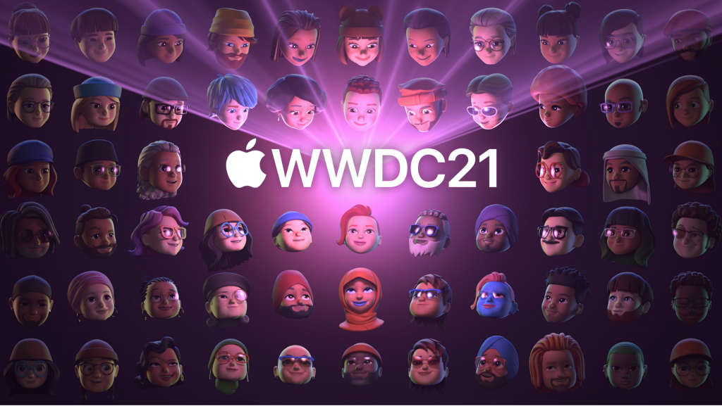 Fond d'écran de WWDC21, nombre de têtes regardant vers le centre qui émettent de la lumière hors de WWDC21