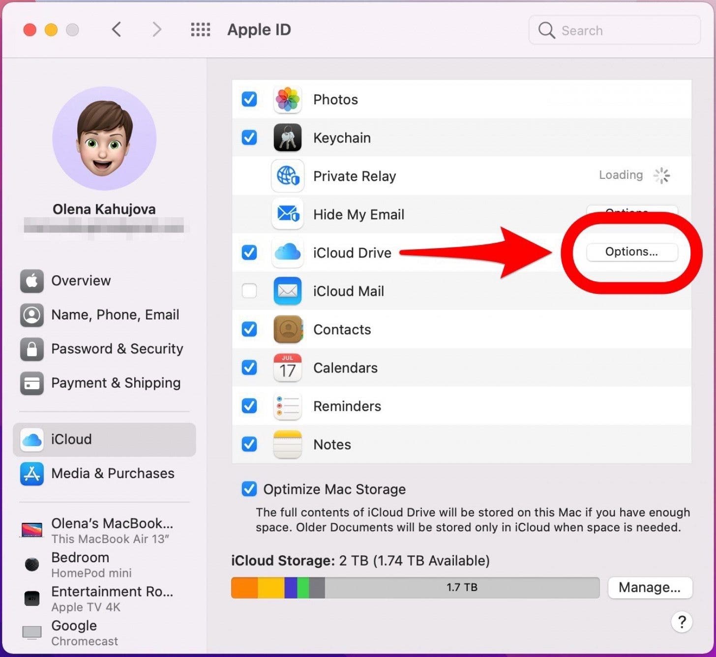 Cliquez sur le bouton Options - comment sauvegarder un macbook sur icloud