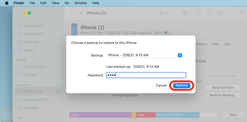 combien de temps faut-il pour restaurer l'iphone à partir du finder