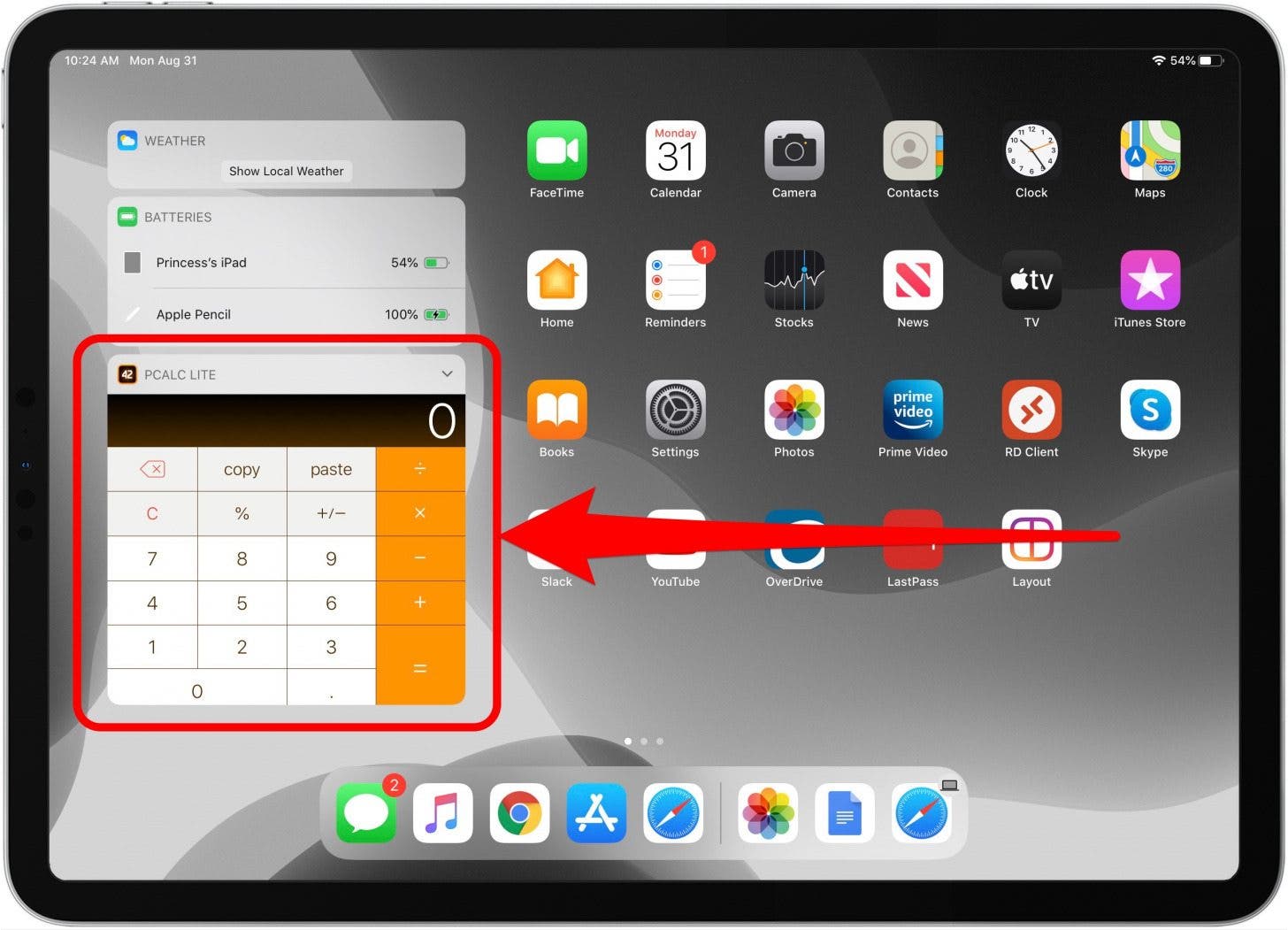 Calculatrice iPad : widget de calculatrice PCalc visible dans la vue Aujourd'hui de l'iPad