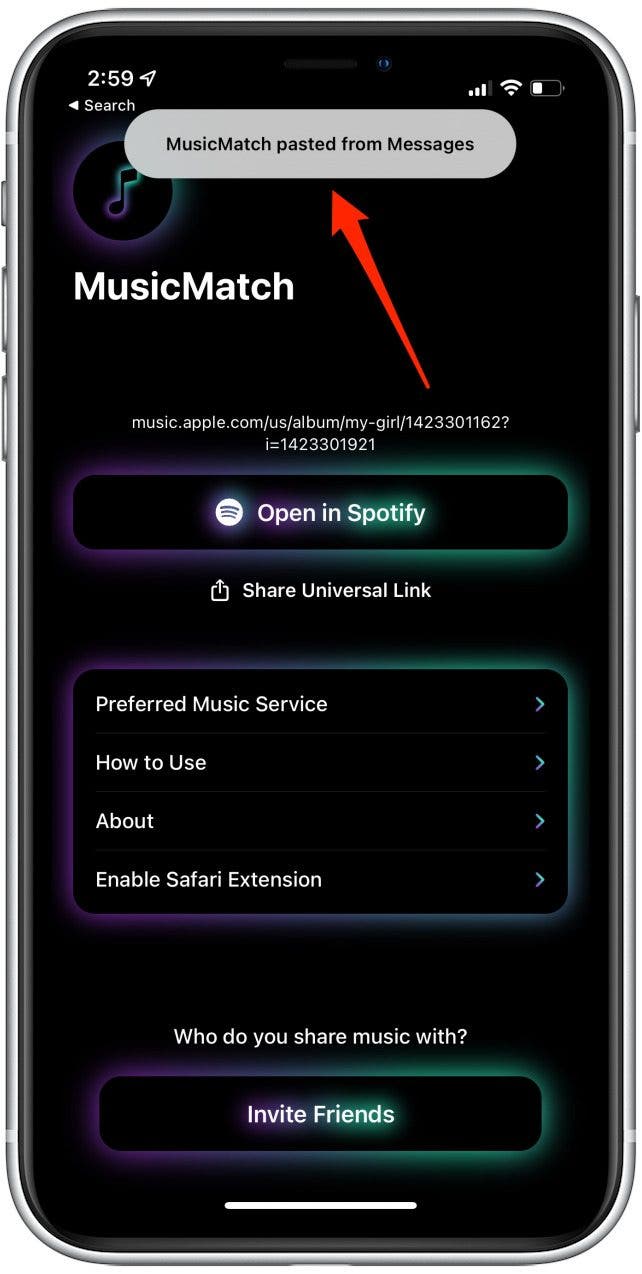 Collez le code de Spotify dans l'application MusicMatch
