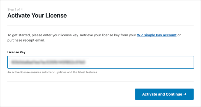 Il vous sera demandé d'entrer votre clé de licence WP Simple Pay