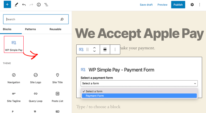 Ajouter le bloc WP Simple Pay à une publication ou à une page