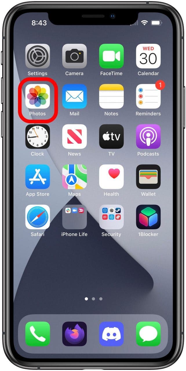 Écran d'accueil de l'iPhone 13, avec l'application Photos marquée