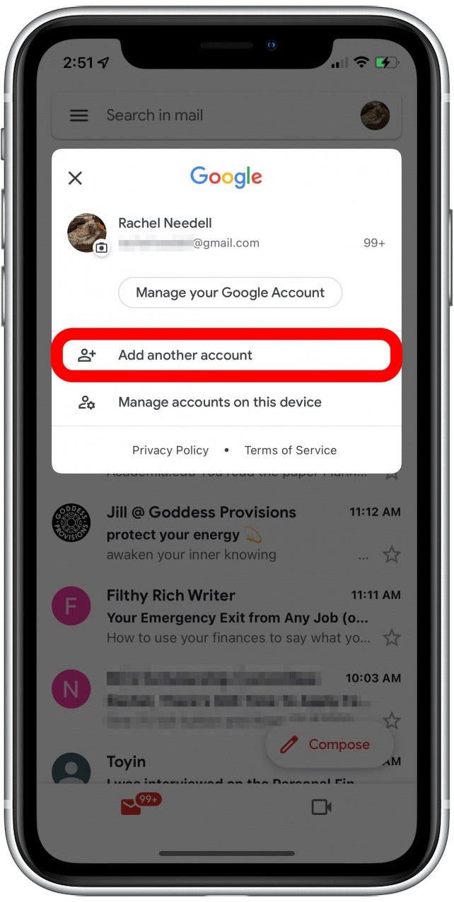 appuyez sur ajouter un compte dans l'application gmail