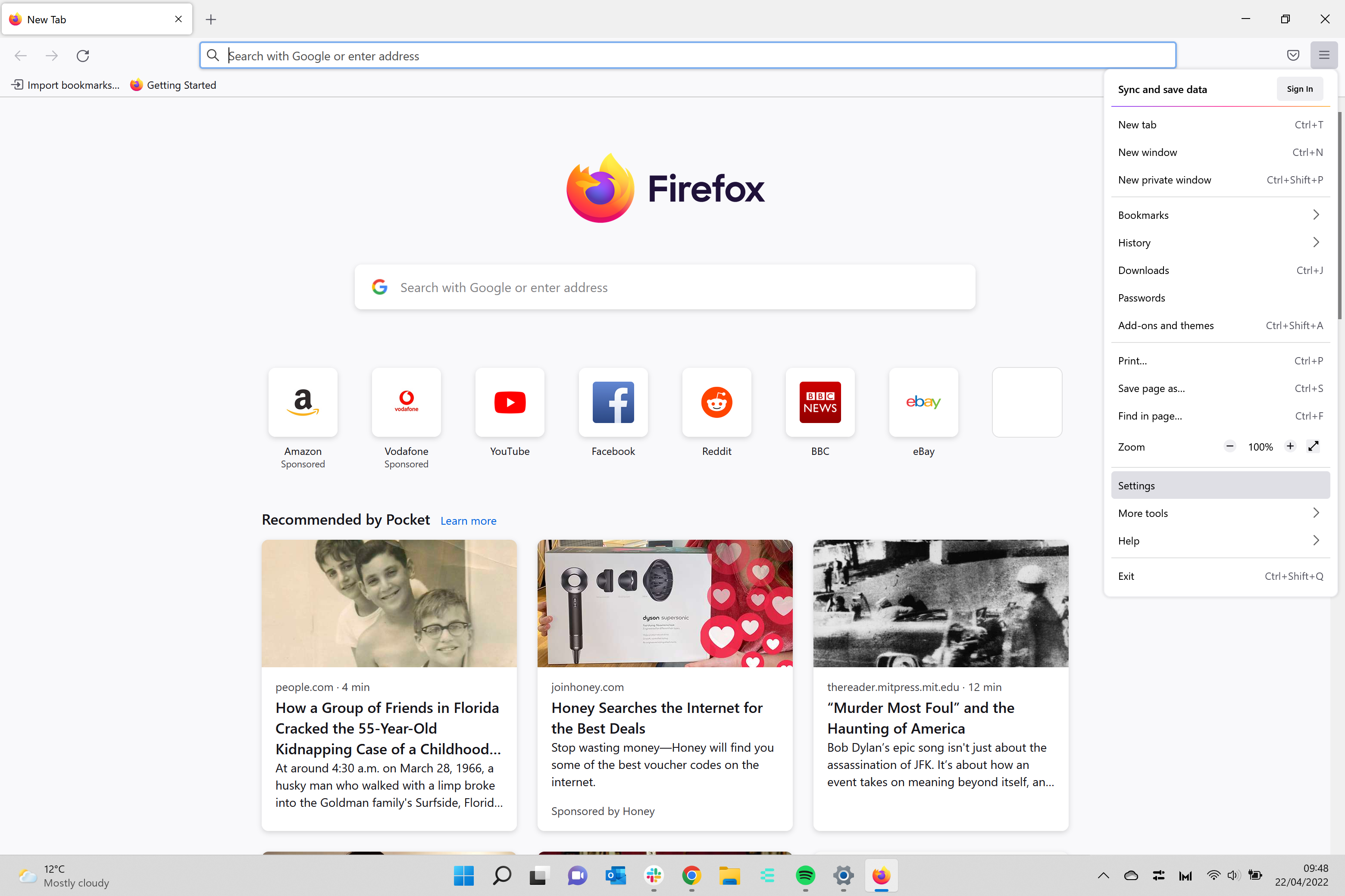 Cliquer sur Paramètres dans le navigateur Firefox