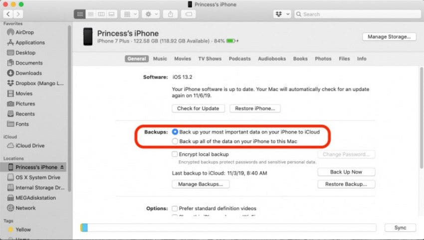 Fenêtre MacOS Finder montrant un iPhone connecté, avec les options de sauvegarde marquées