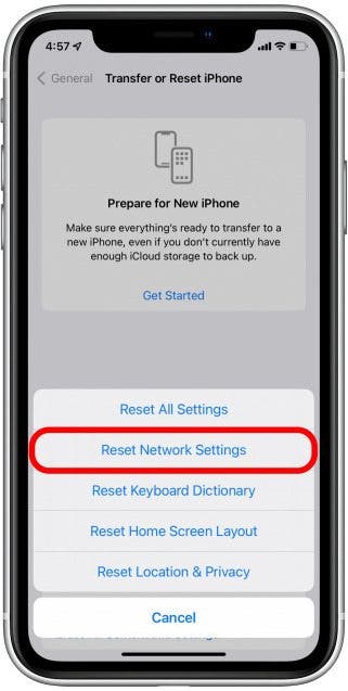 iPhone sur l'écran Transférer ou Réinitialiser les paramètres de l'iPhone avec Réinitialiser les paramètres réseau marqué