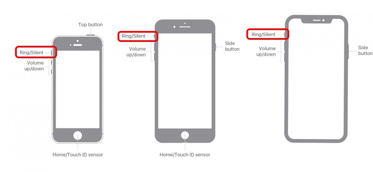 Schéma des iPhones montrant les boutons latéraux avec les commutateurs Ring/Slient marqués