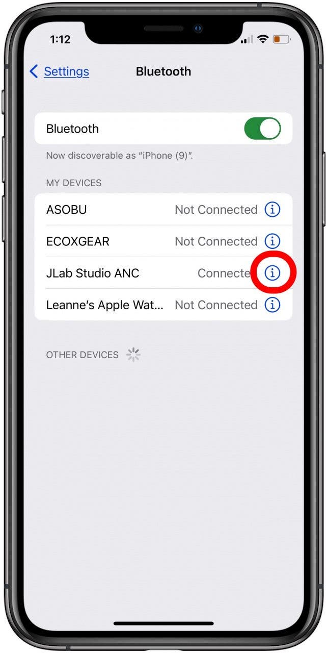 appuyez sur l'icône d'informations à côté de l'appareil Bluetooth 