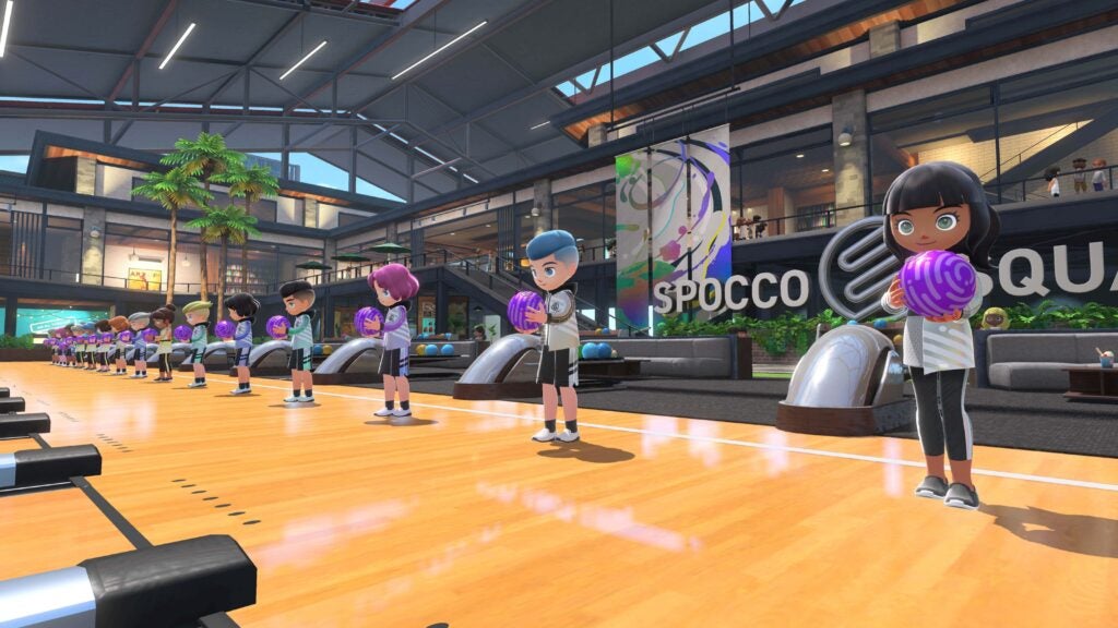 Une ligne de quilleurs prêts à jouer dans Nintendo Switch Sports