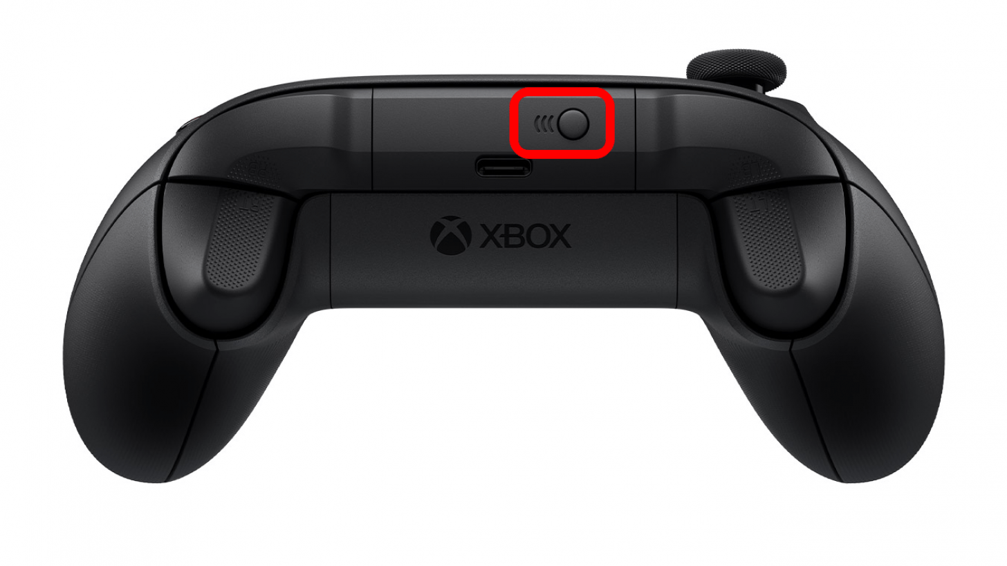 Vue de dessus de la manette Xbox avec le bouton d'appariement marqué.