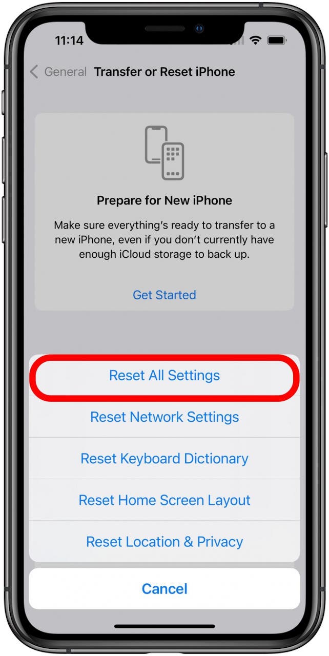Transférer ou réinitialiser l'écran Paramètres généraux de l'iPhone avec l'option Réinitialiser tous les paramètres cochée.