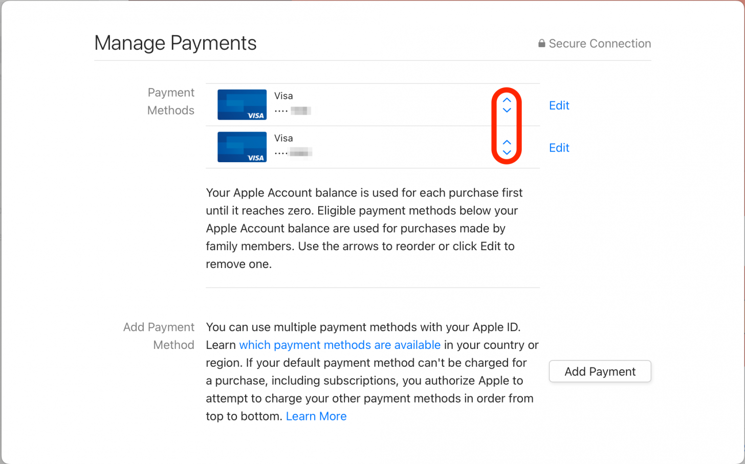 Dans l'écran Gérer les paiements, cliquez sur les touches fléchées pour changer la carte de crédit qui se trouve en haut - c'est celle qui sera utilisée par défaut.