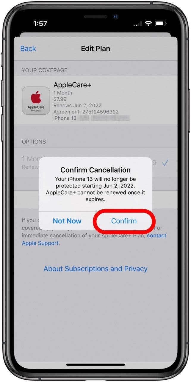 AppleCare+ Confirmer le message d'annulation avec Confirmer marqué.