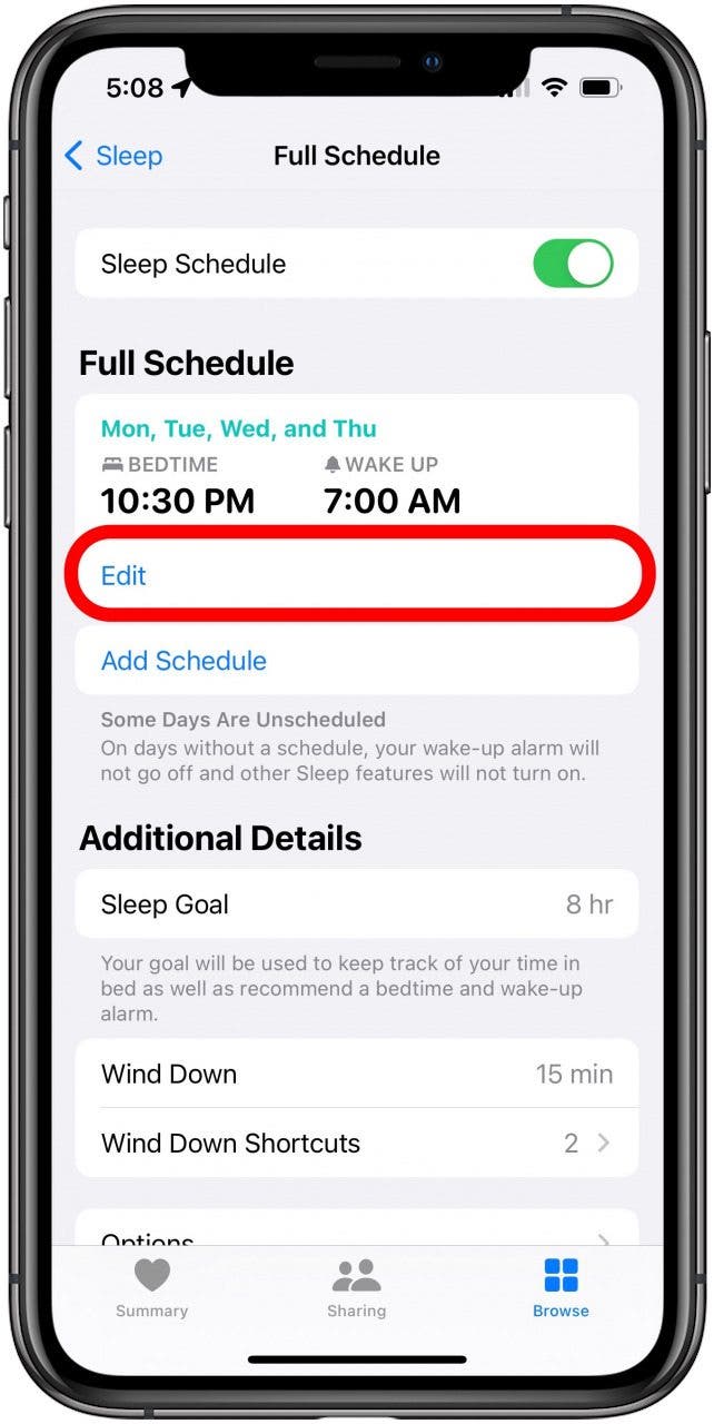 appuyez sur modifier pour modifier les paramètres de l'heure du coucher de l'iphone