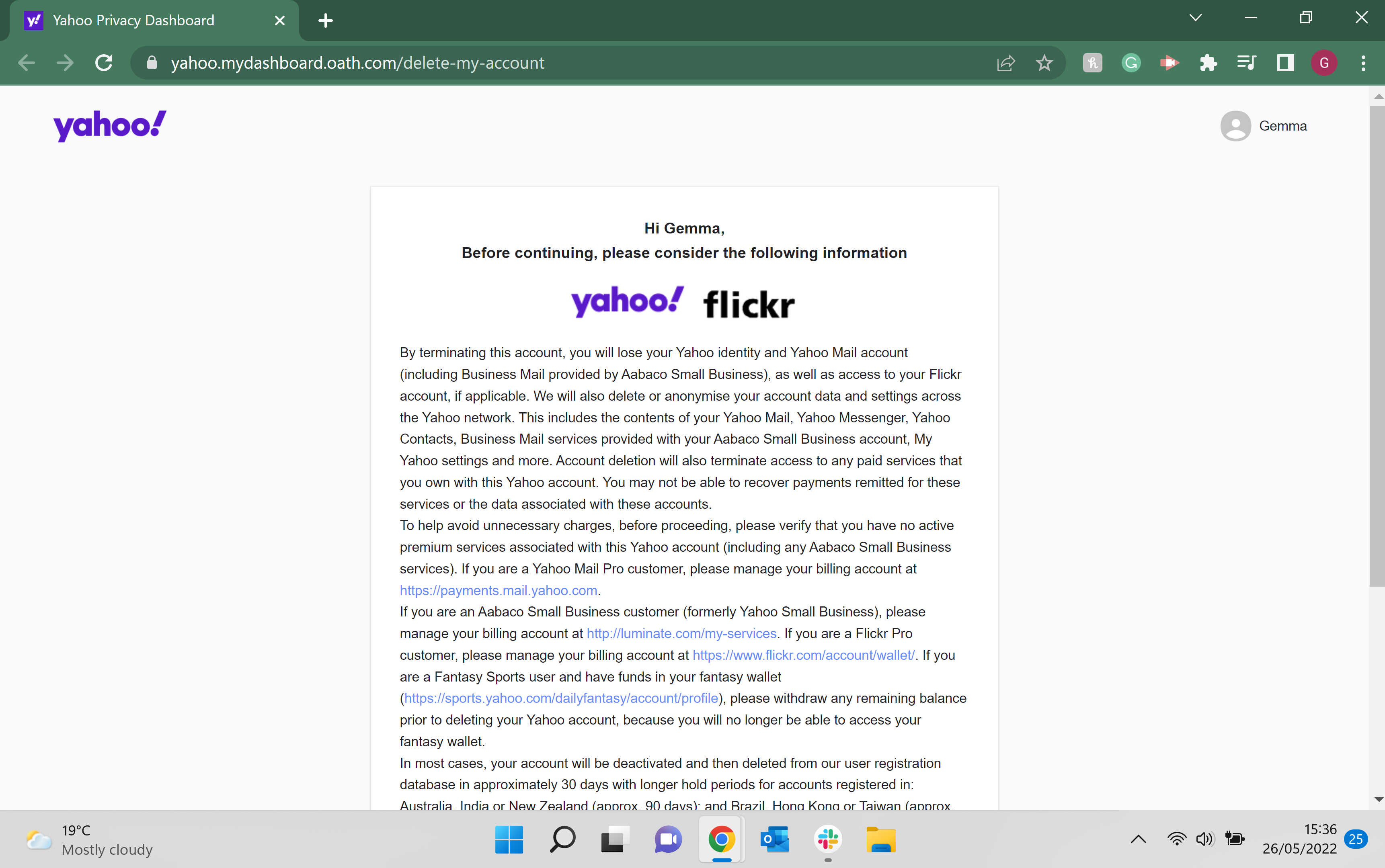 L'avis de contrat de suppression de votre compte Yahoo