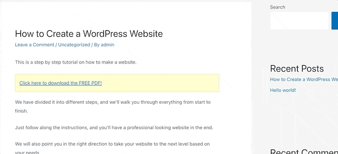 Exemple de téléchargement de pop-up de clic de lien