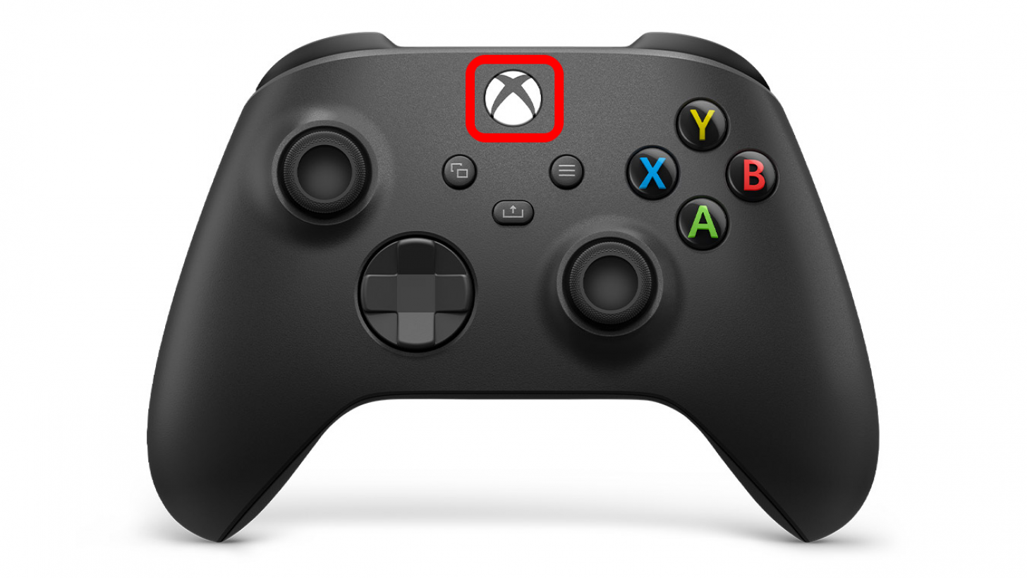 Vue de face de la manette Xbox avec le bouton Xbox marqué.