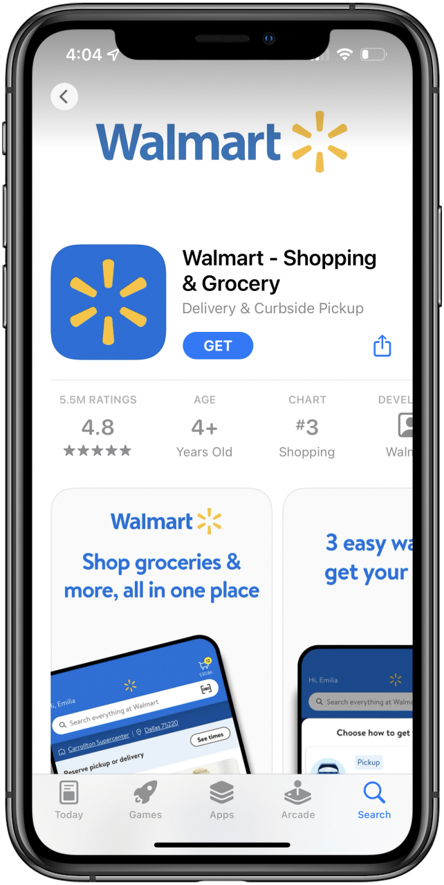 Écran de l'App Store affichant l'application Walmart.