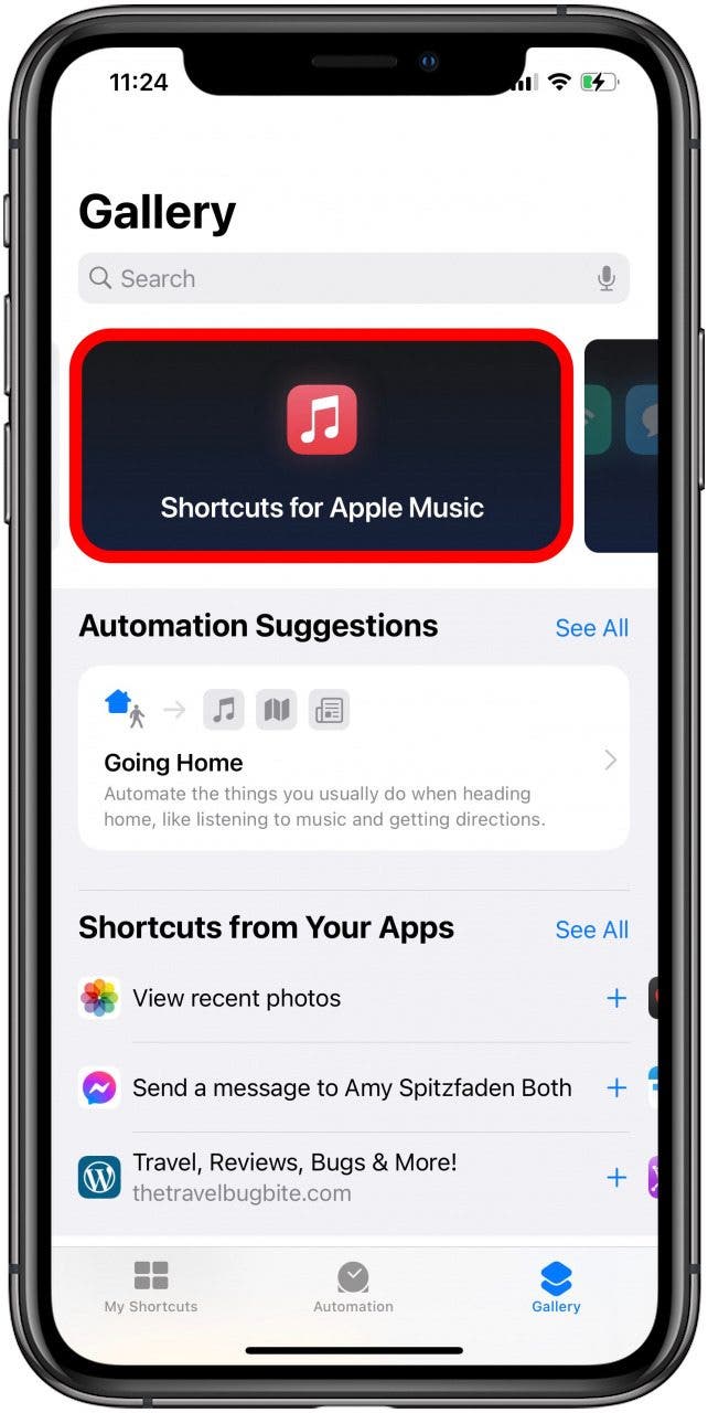 Appuyez sur Raccourcis pour Apple Music.