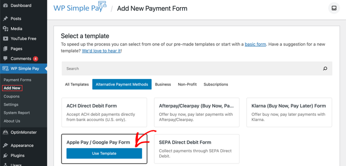 Sélectionnez le modèle Apple Pay / Google Pay